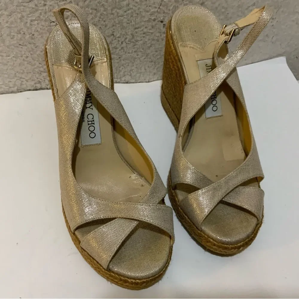 JIMMY CHOO Women’s 38 US 8 Espadrille Platform Wedge Gold Metallic Leather